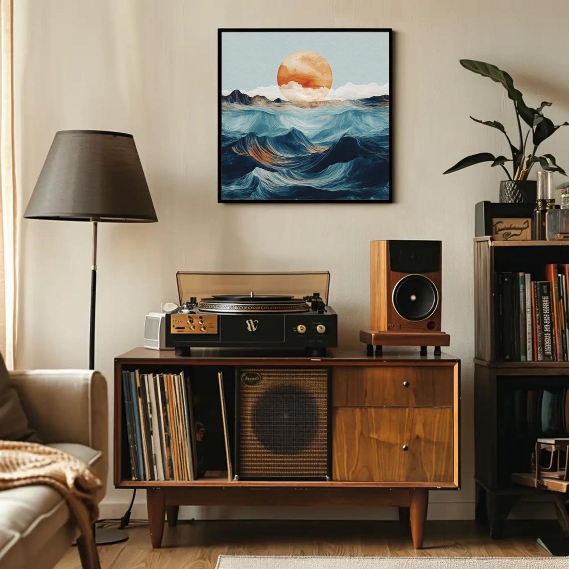 Rolling Teal Ocean Waves Beneath Giant Orange Sun Dreamy Poster - Image 5