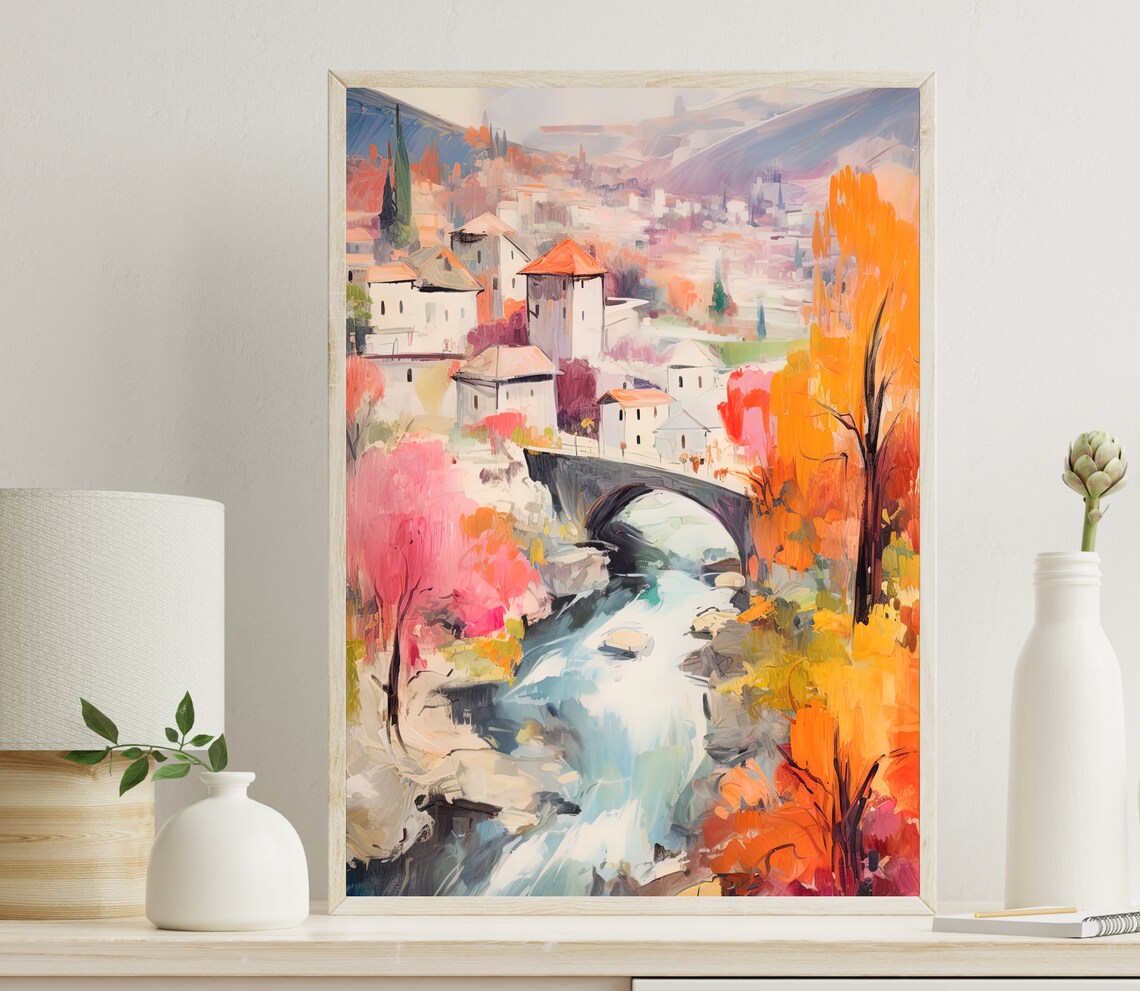 Mostar Bosnia Old Bridge Autumn River Landscape Scene Poster