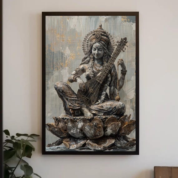 Saraswati Hindu Goddess Indian Spiritual Wall Art Framed Divine Feminine Art For Living Room Home Temple Ready To Hang