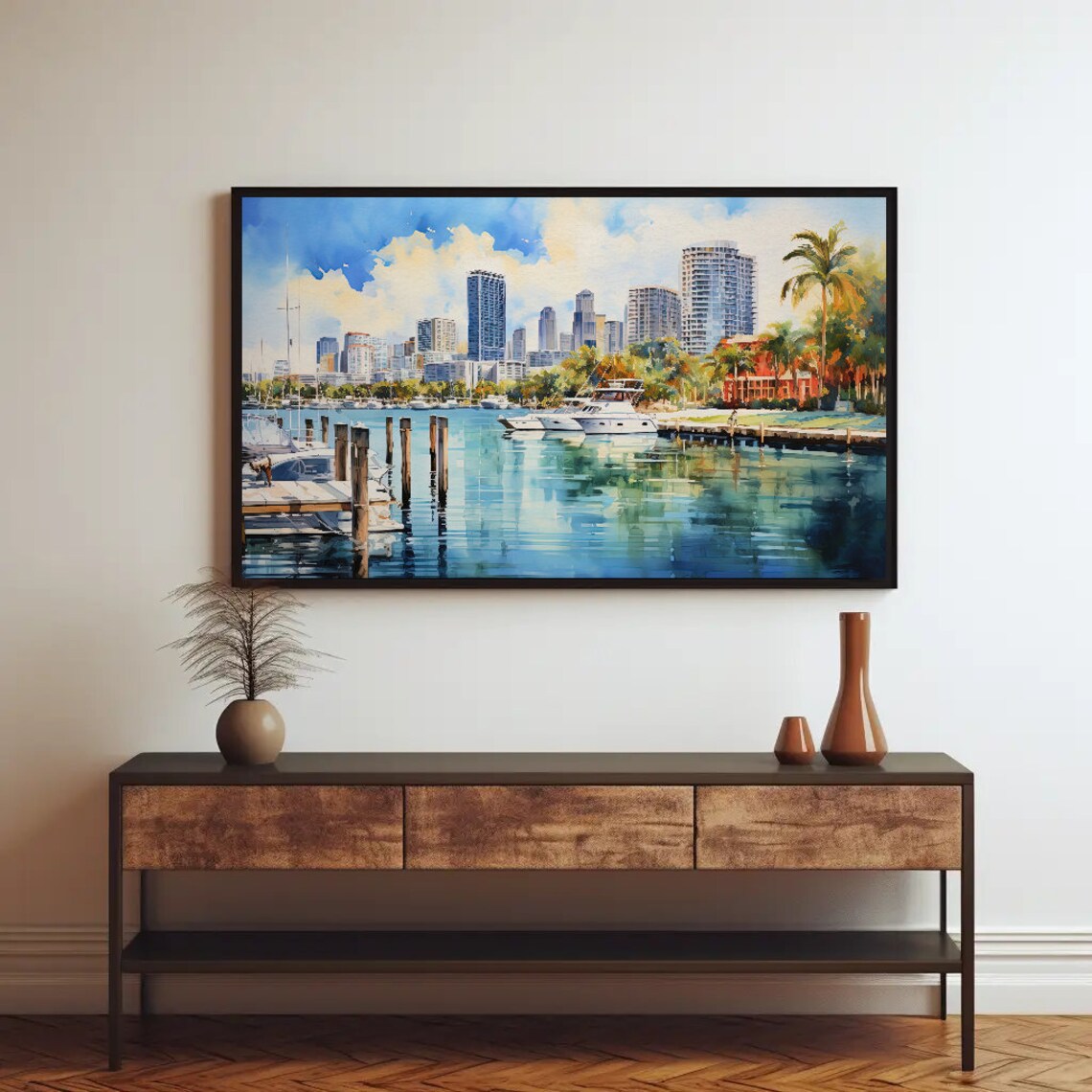 Miami Marina Waterfront with Skyline and Yachts Watercolor Poster - Image 4