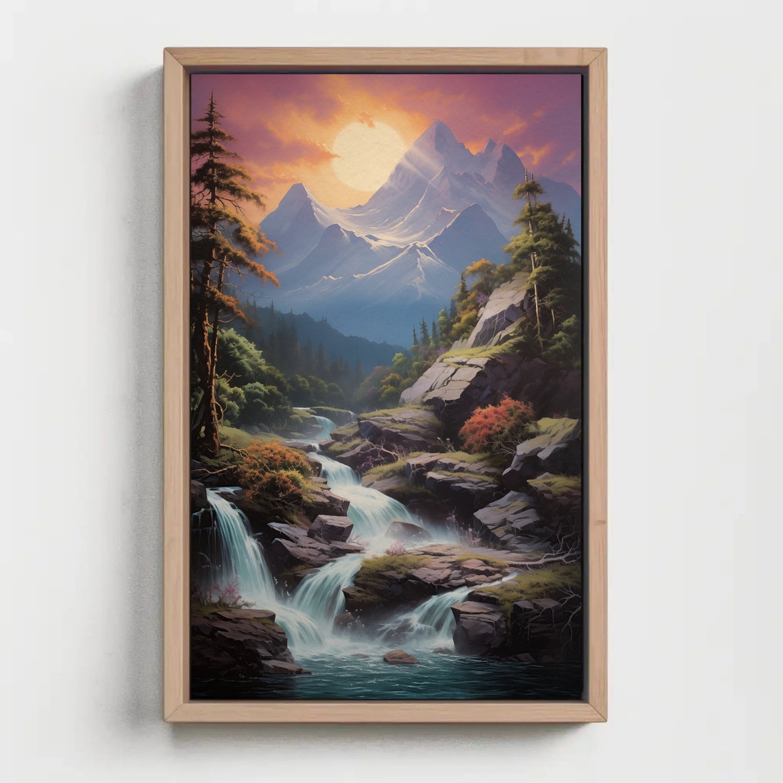 Mountain Sunset Waterfall Wall Art Vertical Forest Landscape Print Nature Decor For Living Room Bedroom Office - Image 3