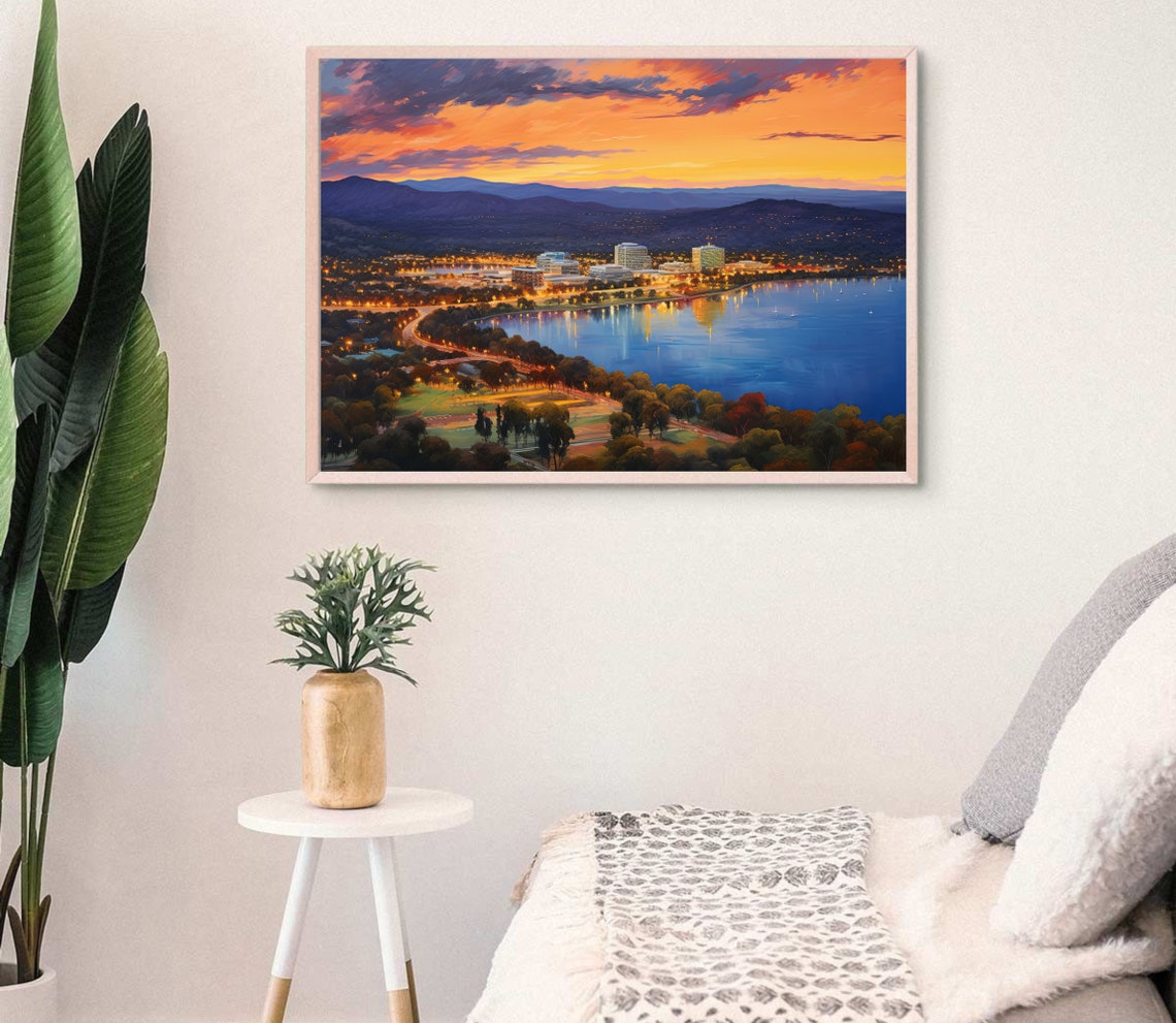 Canberra Australia Lakeside Cityscape at Sunset Oil Art Poster - Image 4