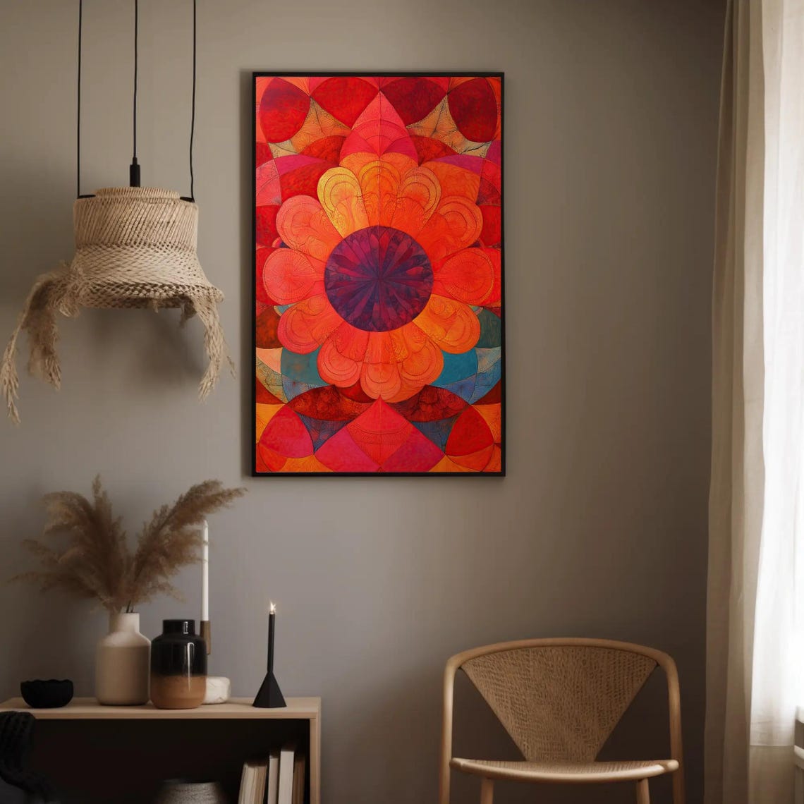 Radiant Red Mandala Flower with Geometric Abstract Petals Art Poster - Image 2