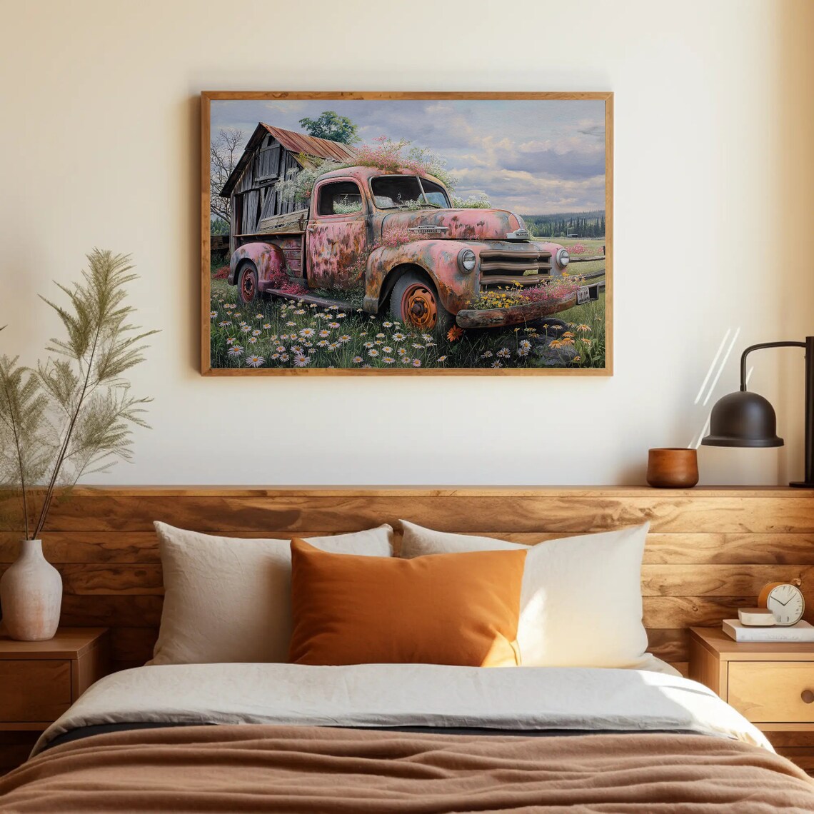Rusty Vintage Pink Pickup Truck with Wildflowers Farm Scene Art Poster - Image 4