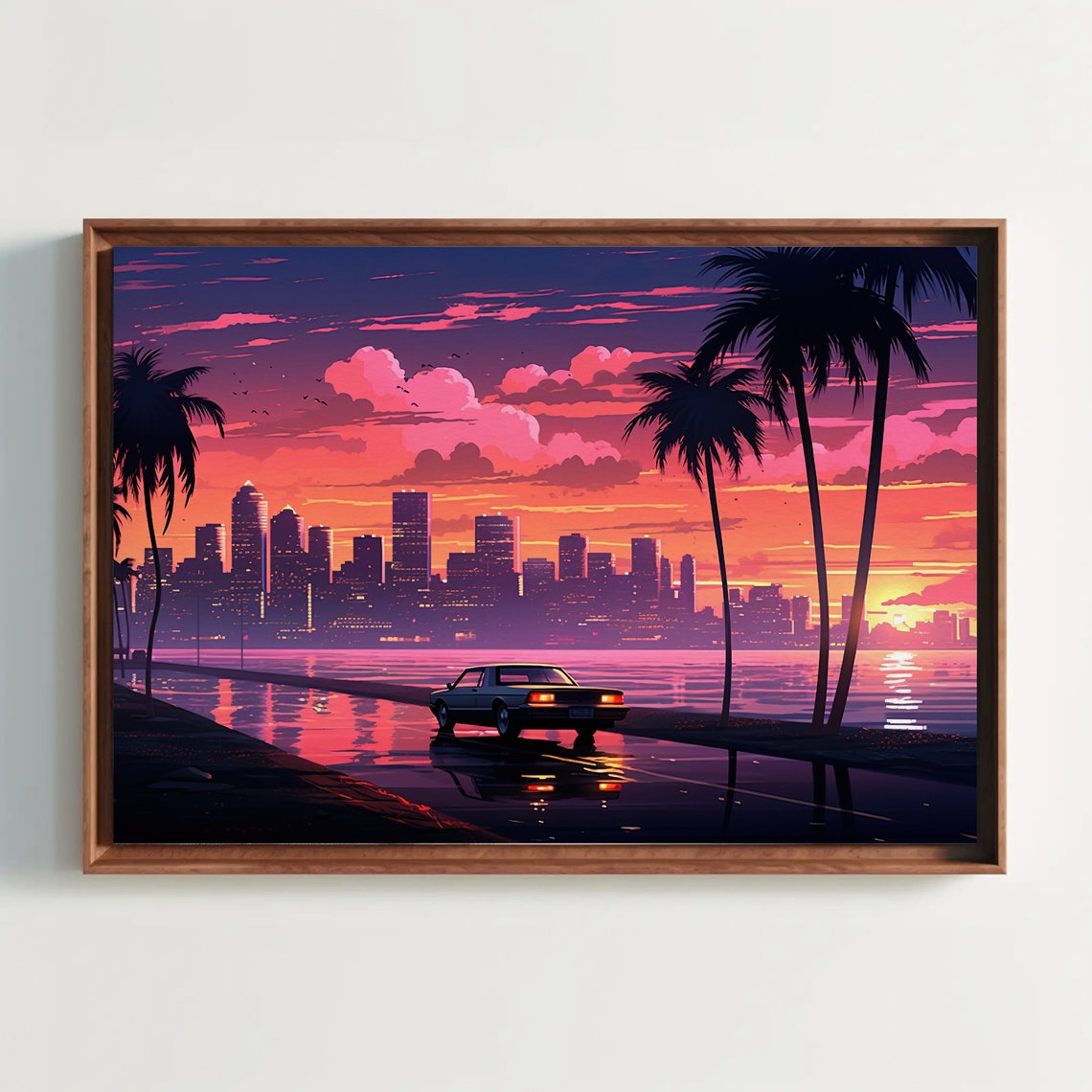 Retro Miami Vice Sunset Cityscape Palm Trees Classic Car Poster