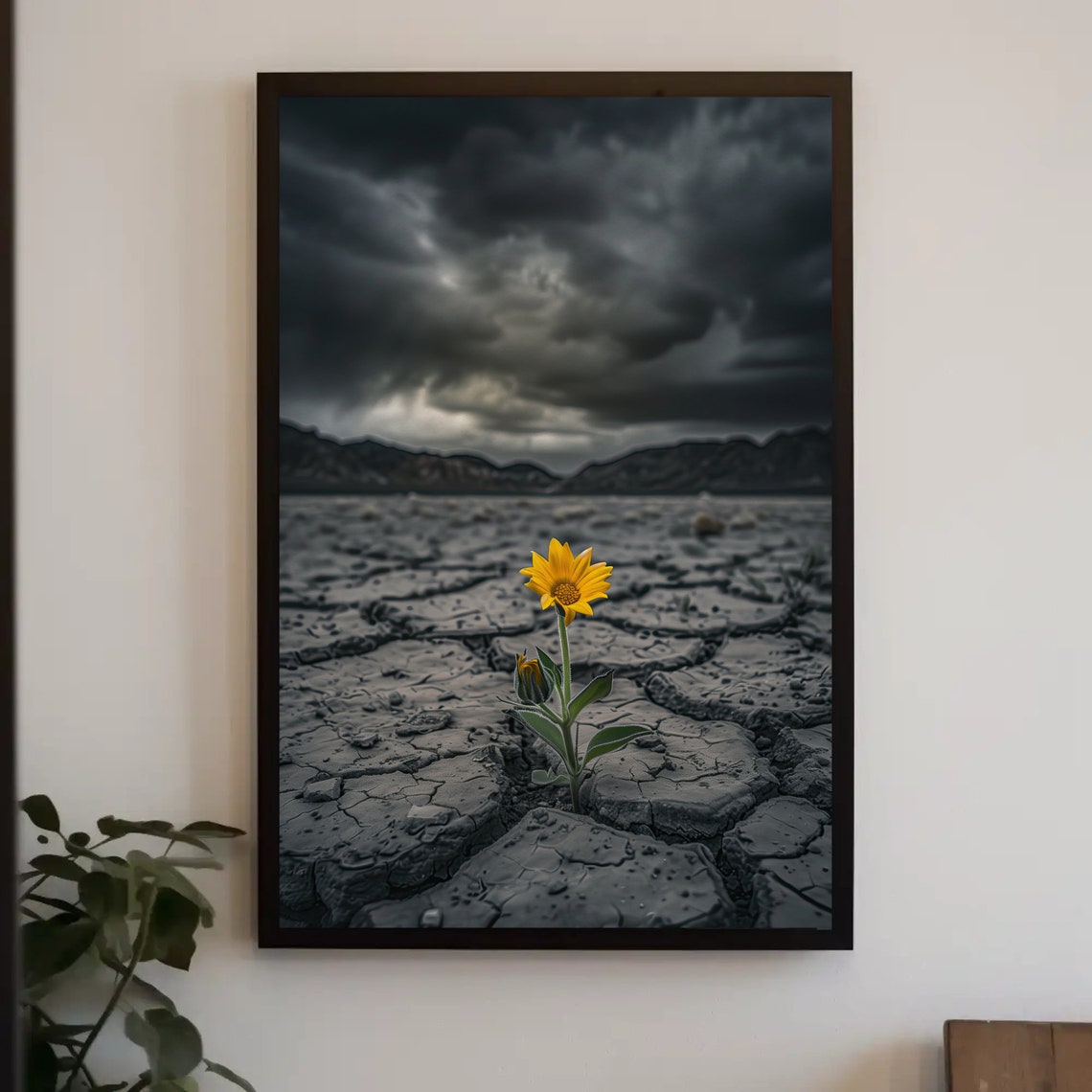 Lone Flower In Cracked Desert Resilience Motivational Art Poster