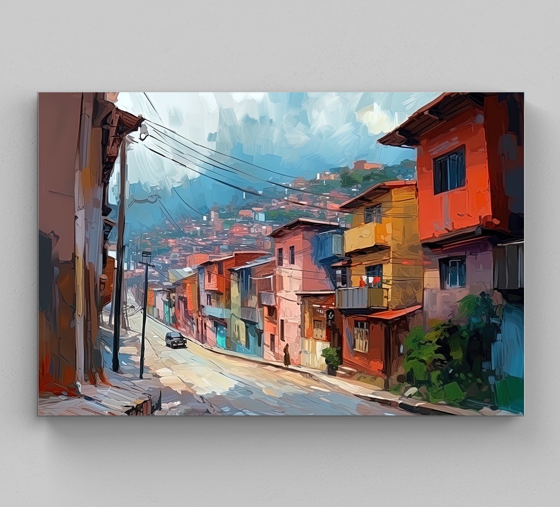 Rainy Day Medellin Hillside Street Soft Impressionist Art Poster