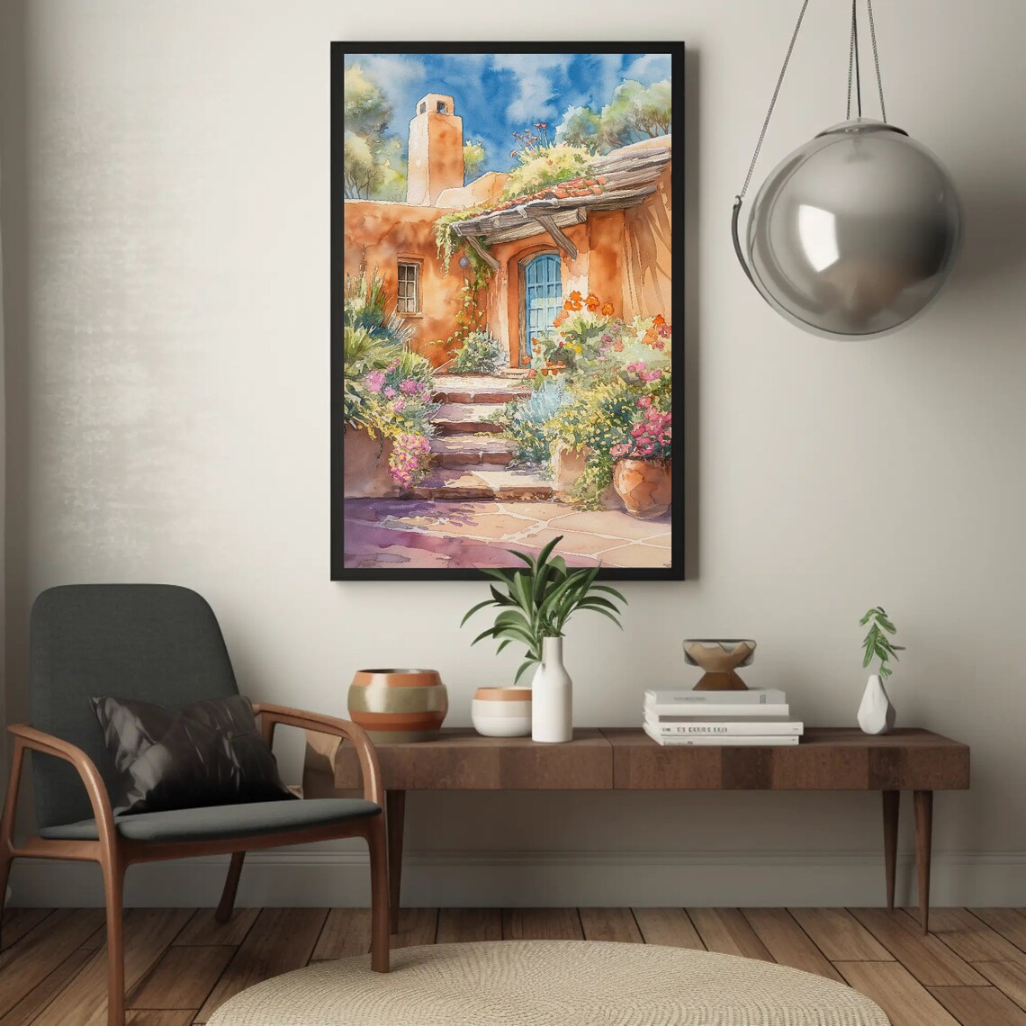 Santa Fe Adobe House With Blue Door Watercolor Painting Poster - Image 4