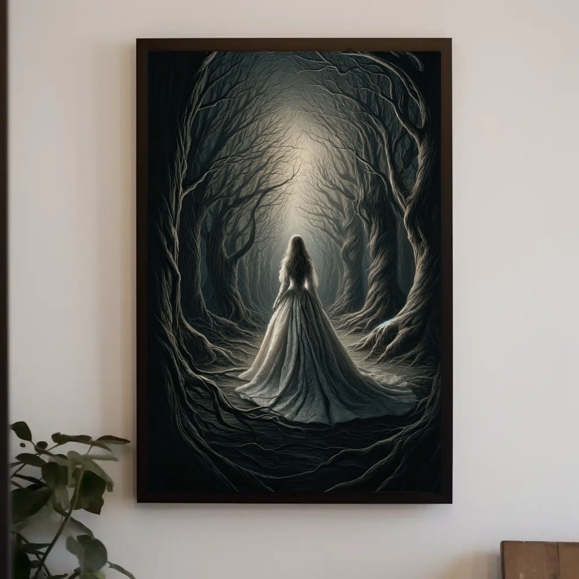 Woman Walking Through Dark Twisted Forest Toward Light Poster