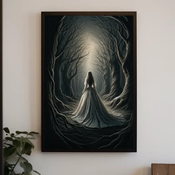 Lady In The Dark Forest Print Framed Wall Art Dark Academia Gothic Painting Enigmatic Wall Art Haunting Decor Ready To Hang