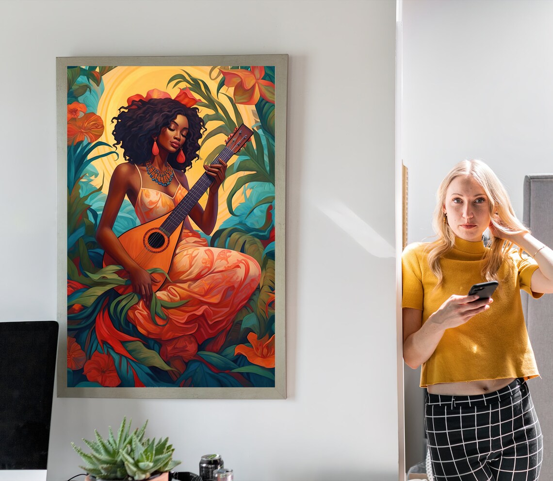 Tropical Woman Musician With Guitar Among Lush Leaves And Flowers Poster - Image 3
