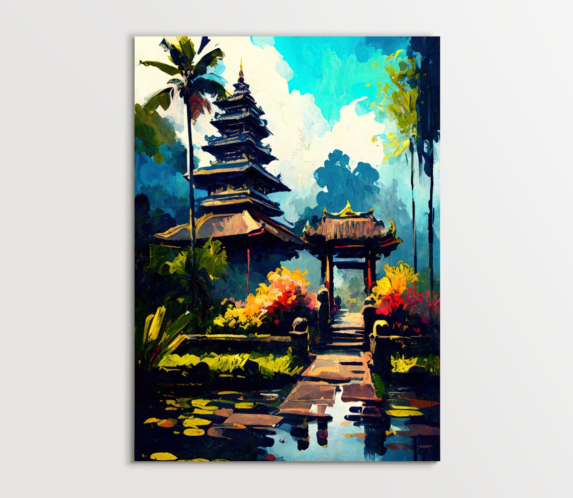 Bali Indonesia Tiered Temple Lotus Pond Palm Trees Scene Poster - Image 5