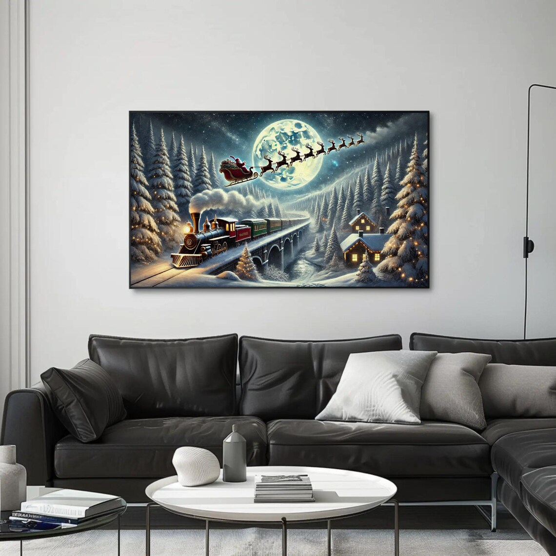 Santa's Sleigh and Christmas Train Holiday Art Print - Image 4