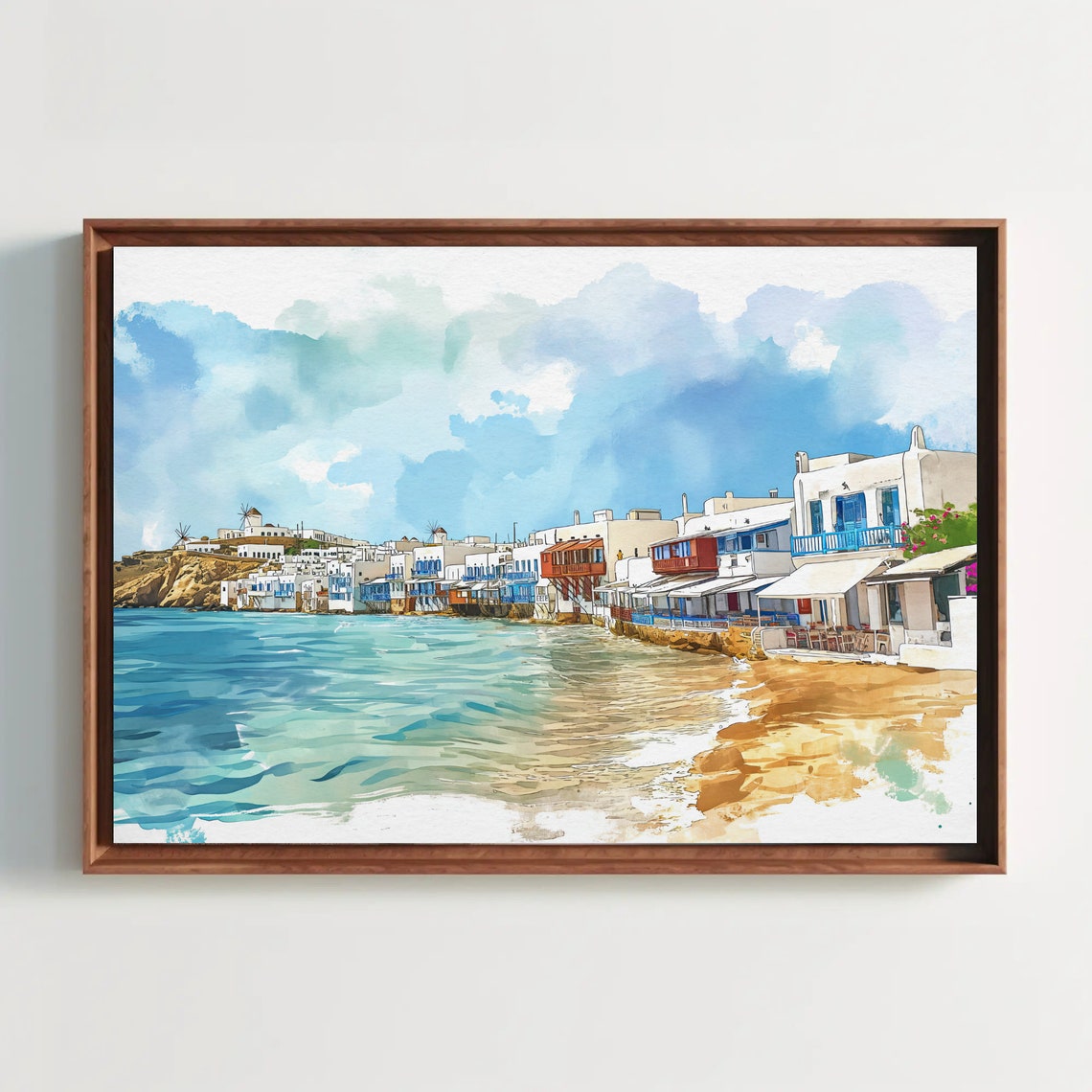Mykonos Waterfront Whitewashed Houses Blue Watercolor Poster