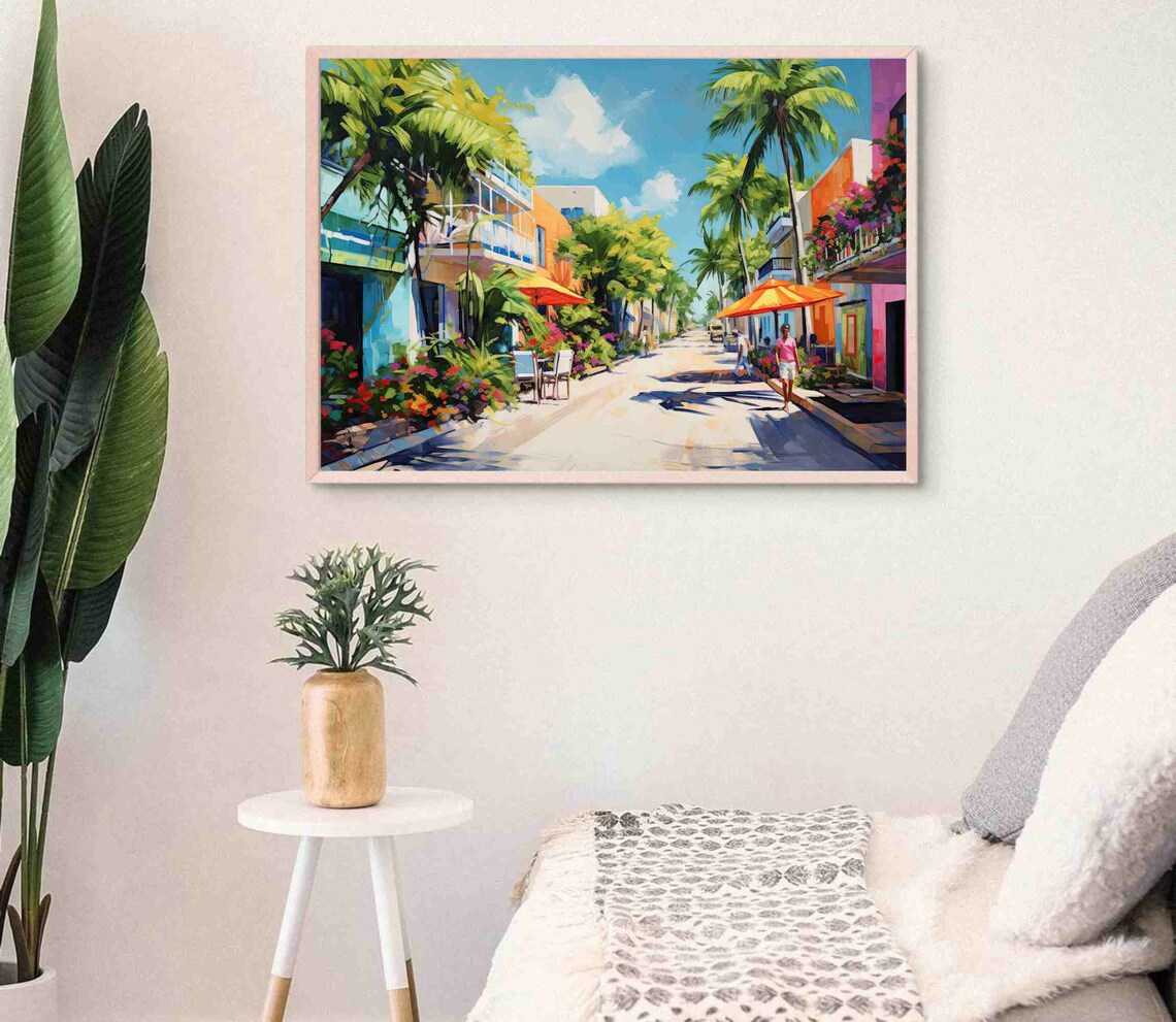 Vibrant Tropical Beach Town Street With Palm Trees Art Poster - Image 3