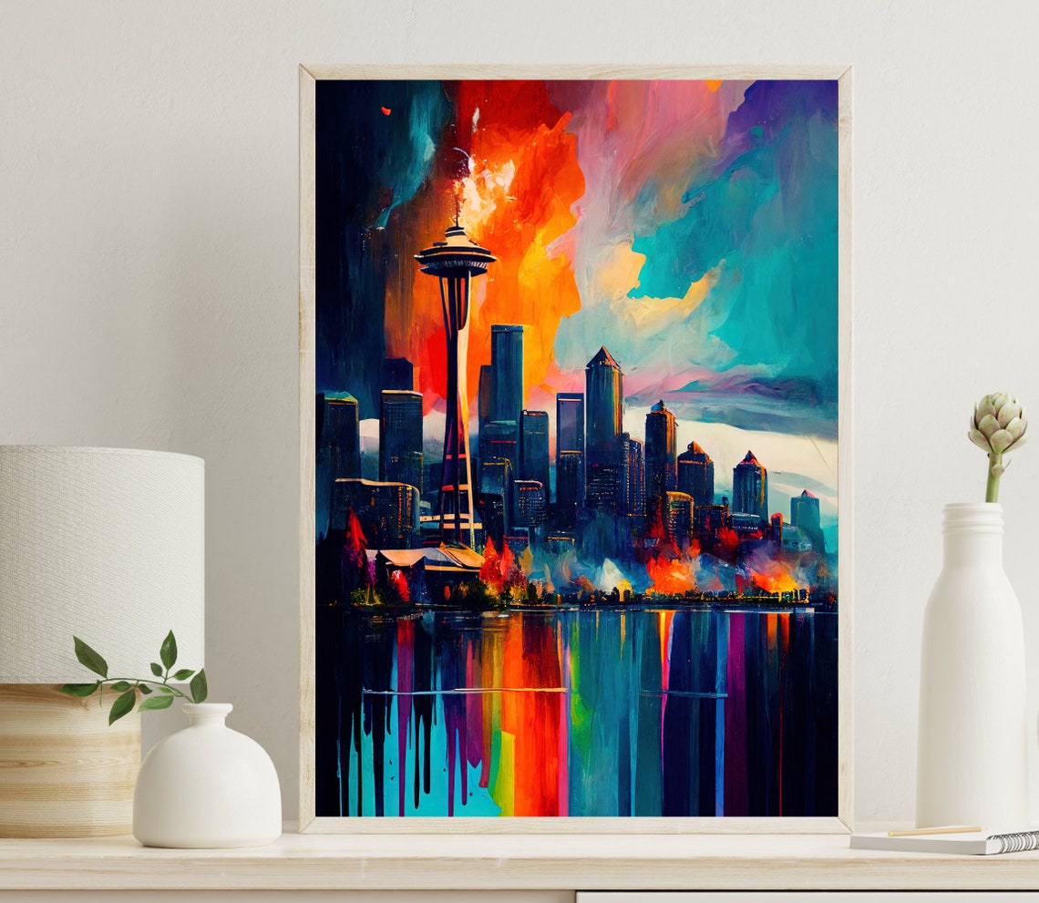 Seattle Space Needle Skyline Colorful Night Sky Scene Poster