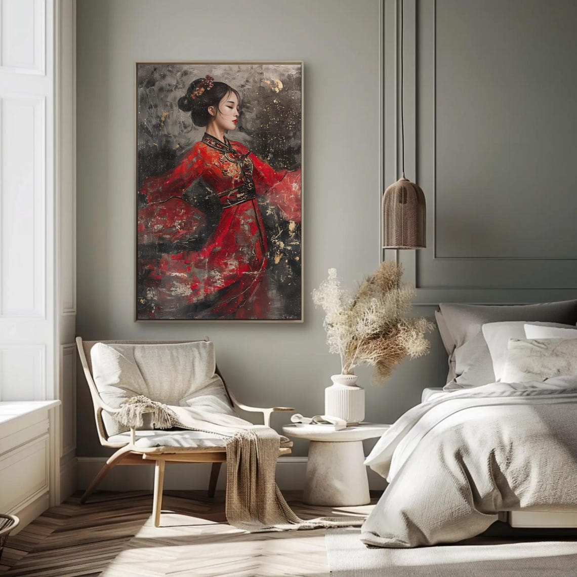 Chinese Woman In Red Dress Profile Dark Impasto Portrait Poster - Image 2