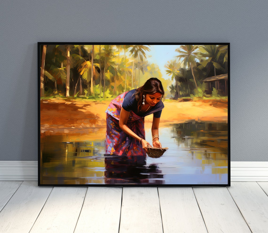 South Indian Woman Gathering Water at a Palm-Lined River Poster - Image 4