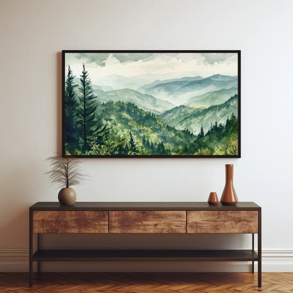 Great Smoky Mountains Misty Blue Ridge Panoramic Watercolor Poster - Image 4