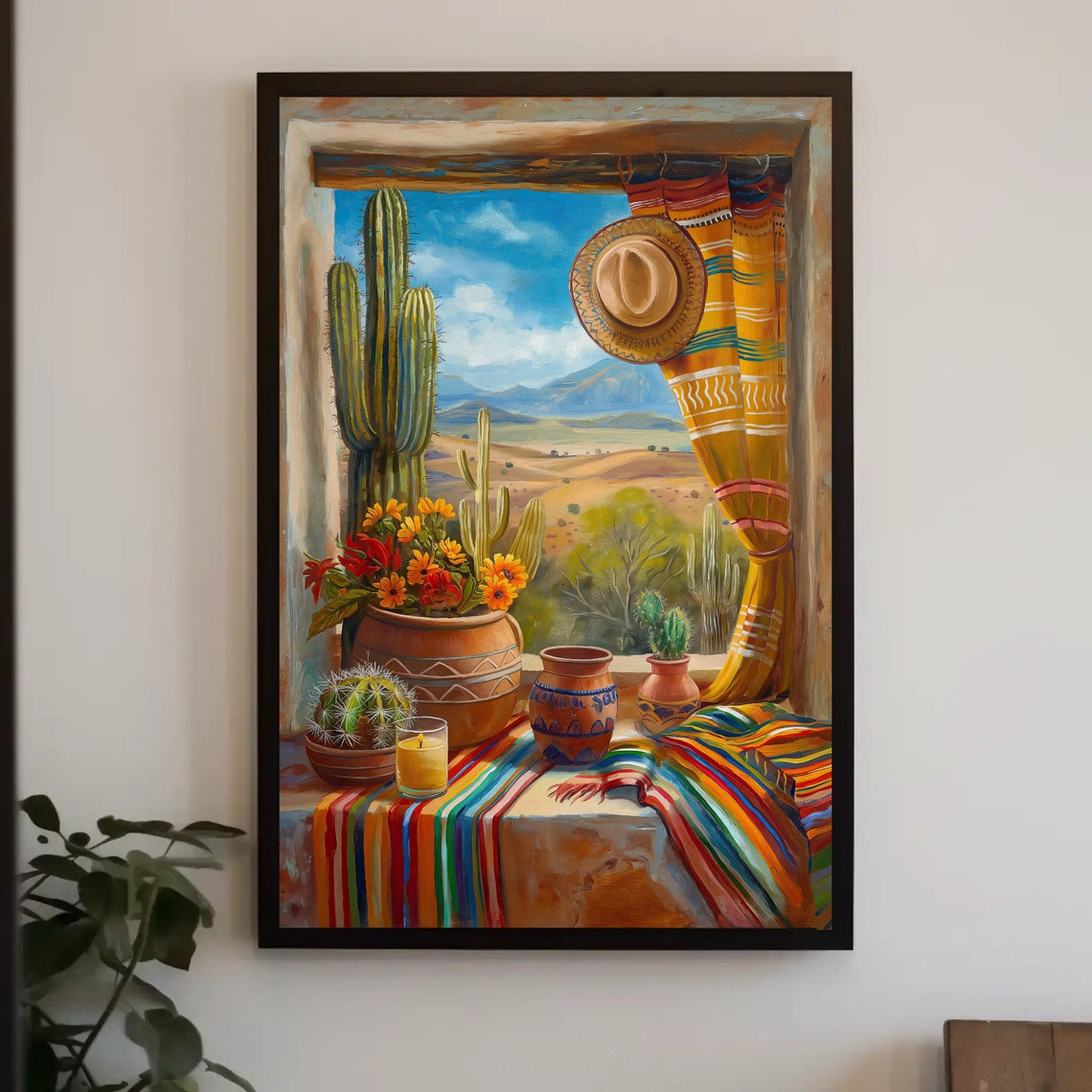 Mexican Window With Cactus Clay Pots And Colorful Serape Poster