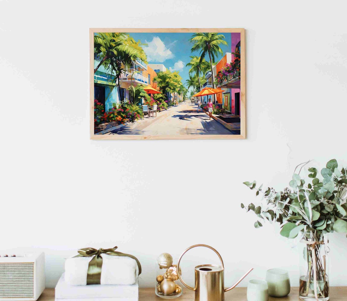 Vibrant Tropical Beach Town Street With Palm Trees Art Poster - Image 5