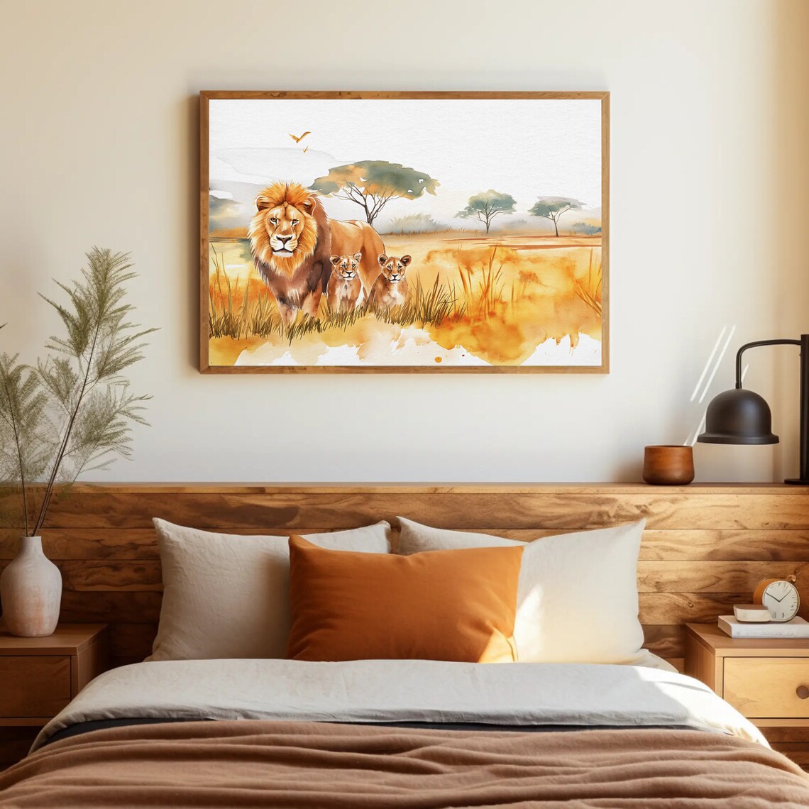 Lion and Cubs in Golden African Savannah Sunset Watercolor Poster - Image 3