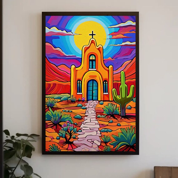 Colorful Desert Church With Cactus Vibrant Mexican Pop Art Poster