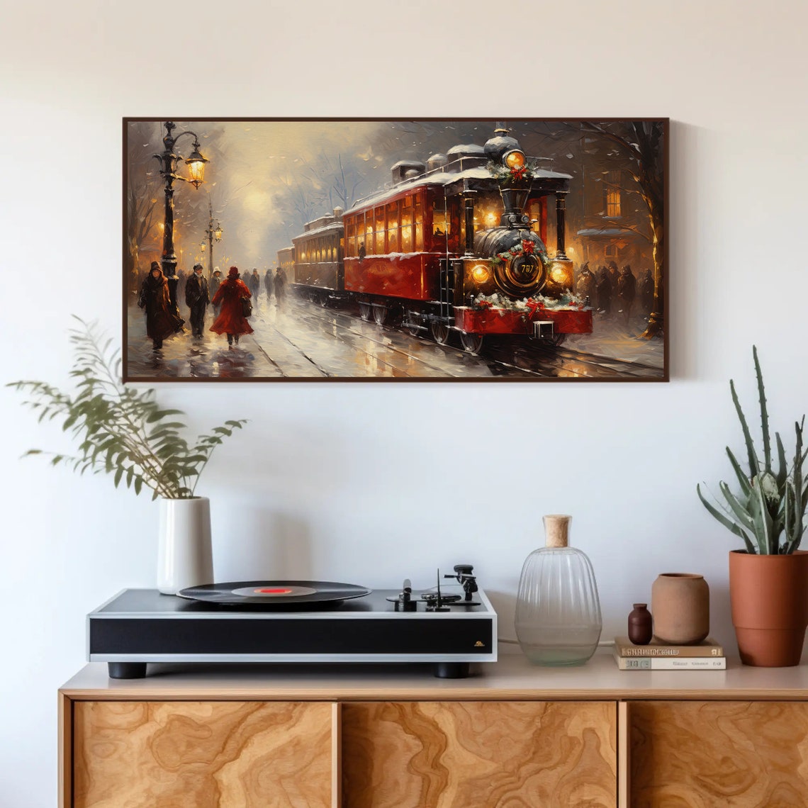 Red Vintage Train in a Snowy Christmas Station Scene Art Poster - Image 4