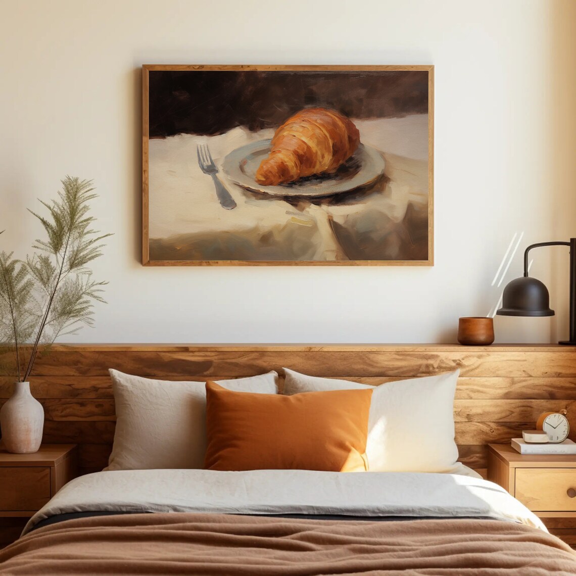 Golden Croissant Oil Painting Still Life on Ceramic Plate Print - Image 2