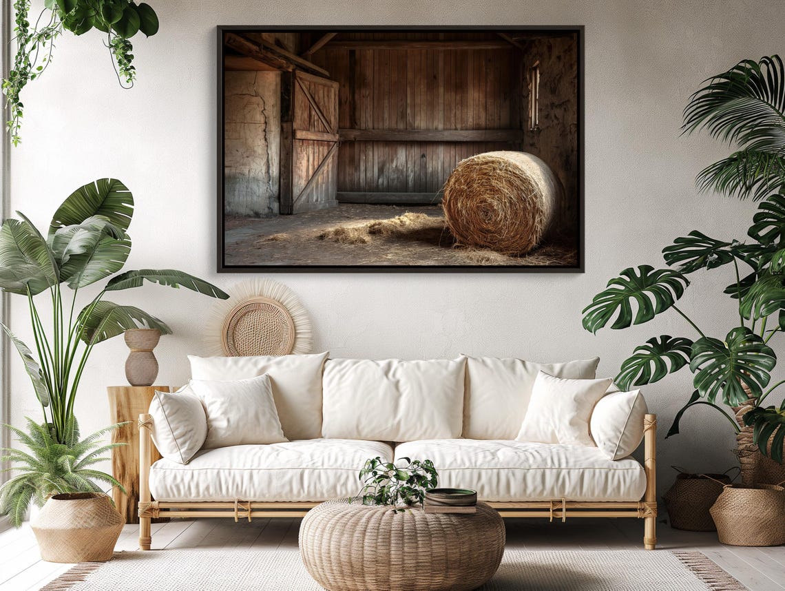 Weathered Old Barn Interior With Round Hay Bale Country Poster - Image 3