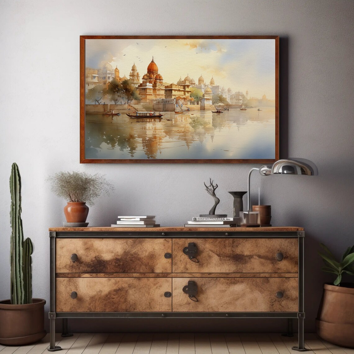 Indian Riverside Palace With Boats Watercolor Travel Art Poster - Image 2