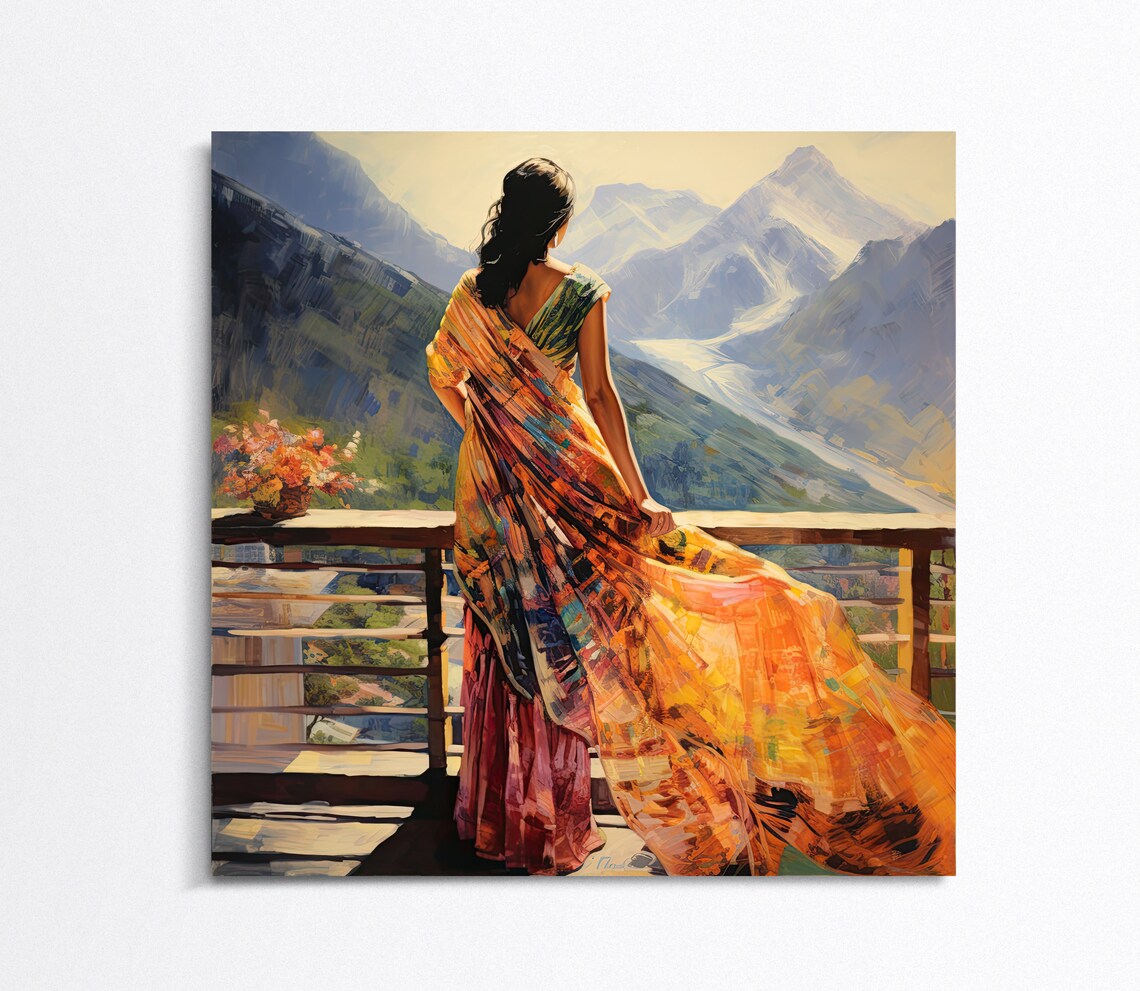 Indian Woman Hill Station Scenery Art Print, Oil Painting - Image 3