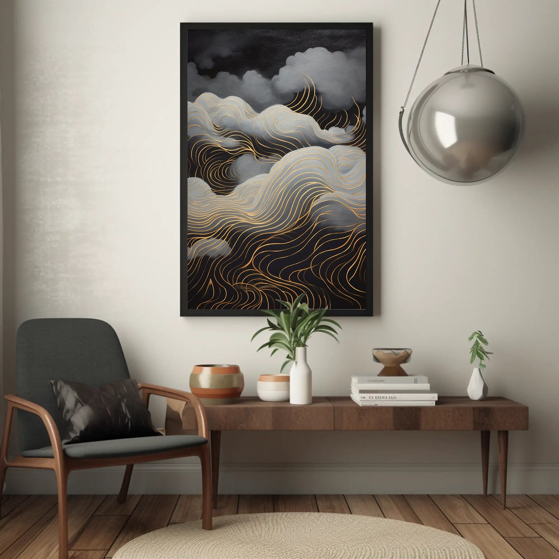 Dark Storm Clouds Golden Line Waves Moody Abstract Art Poster - Image 4