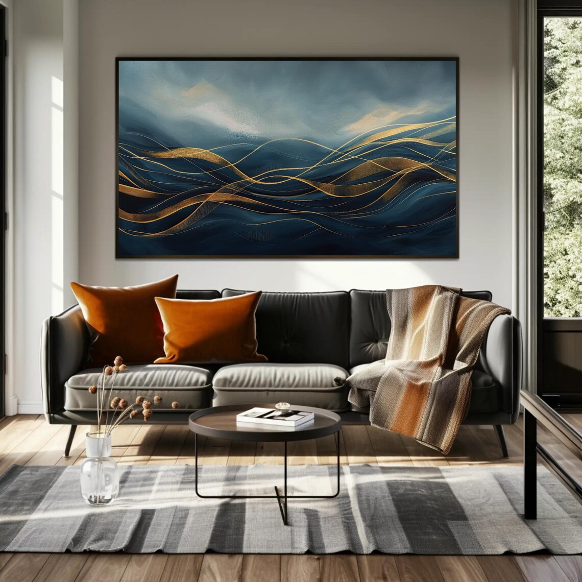 Deep Navy Ocean Waves With Gold Lines Abstract Art Painting Poster - Image 3