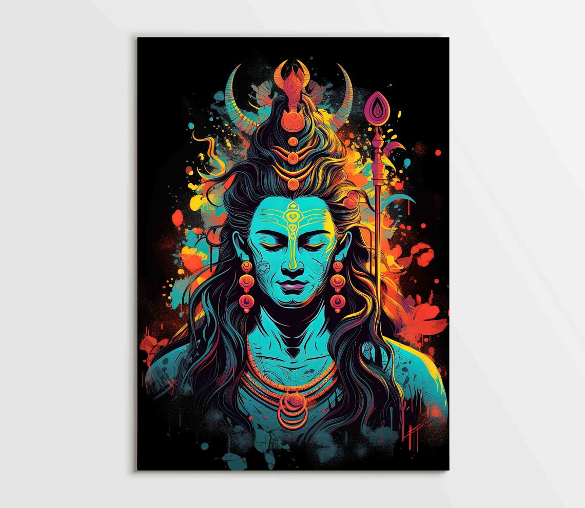 Shiva With Trident Neon Pop Art Cosmic Blue Night Portrait Poster - Image 5