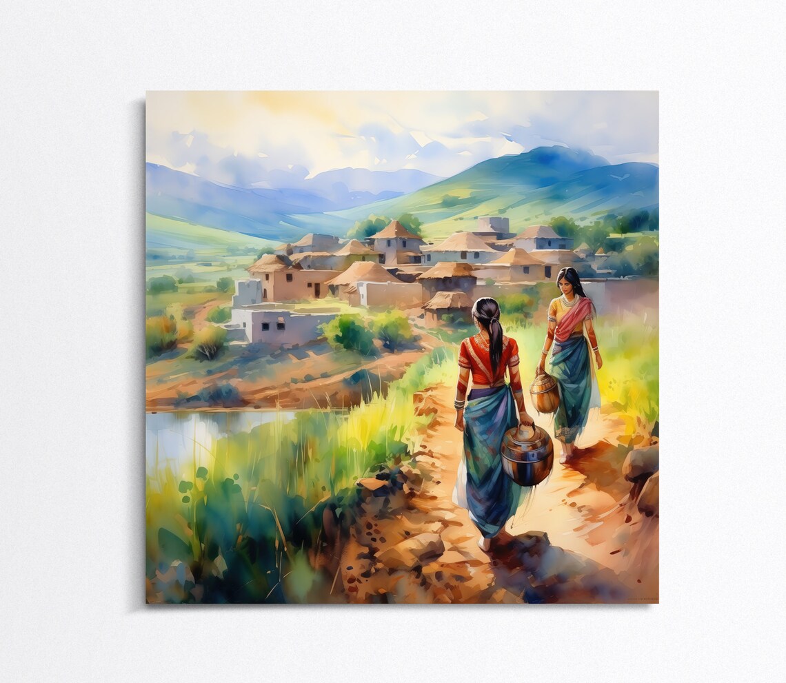 Women Carrying Water Pot To Village Painting Indian Art India Wall Art Square Art Print Desi Wall Art Indian Home Decor - Image 4