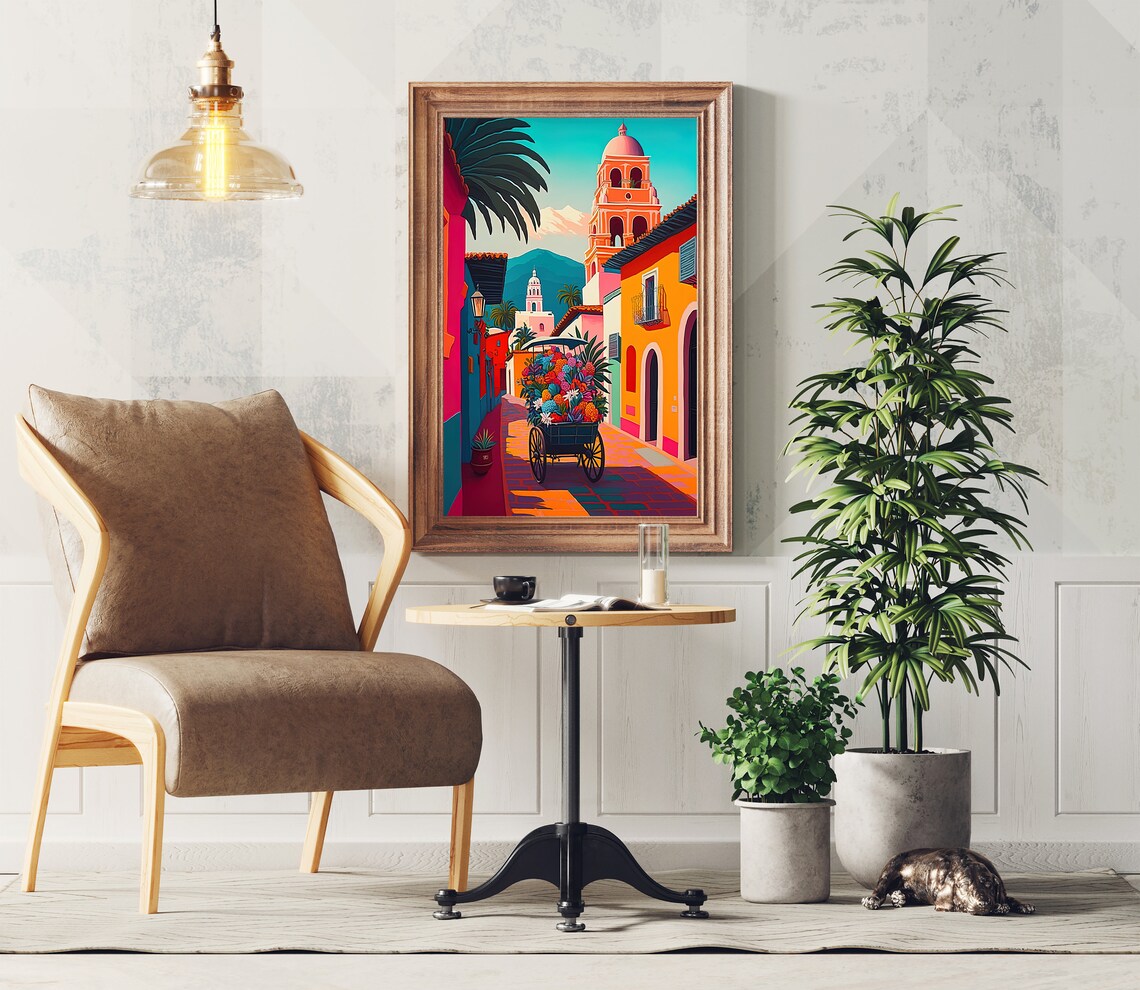 Colorful Mexican Town Flower Cart Colonial Street Art Poster - Image 2
