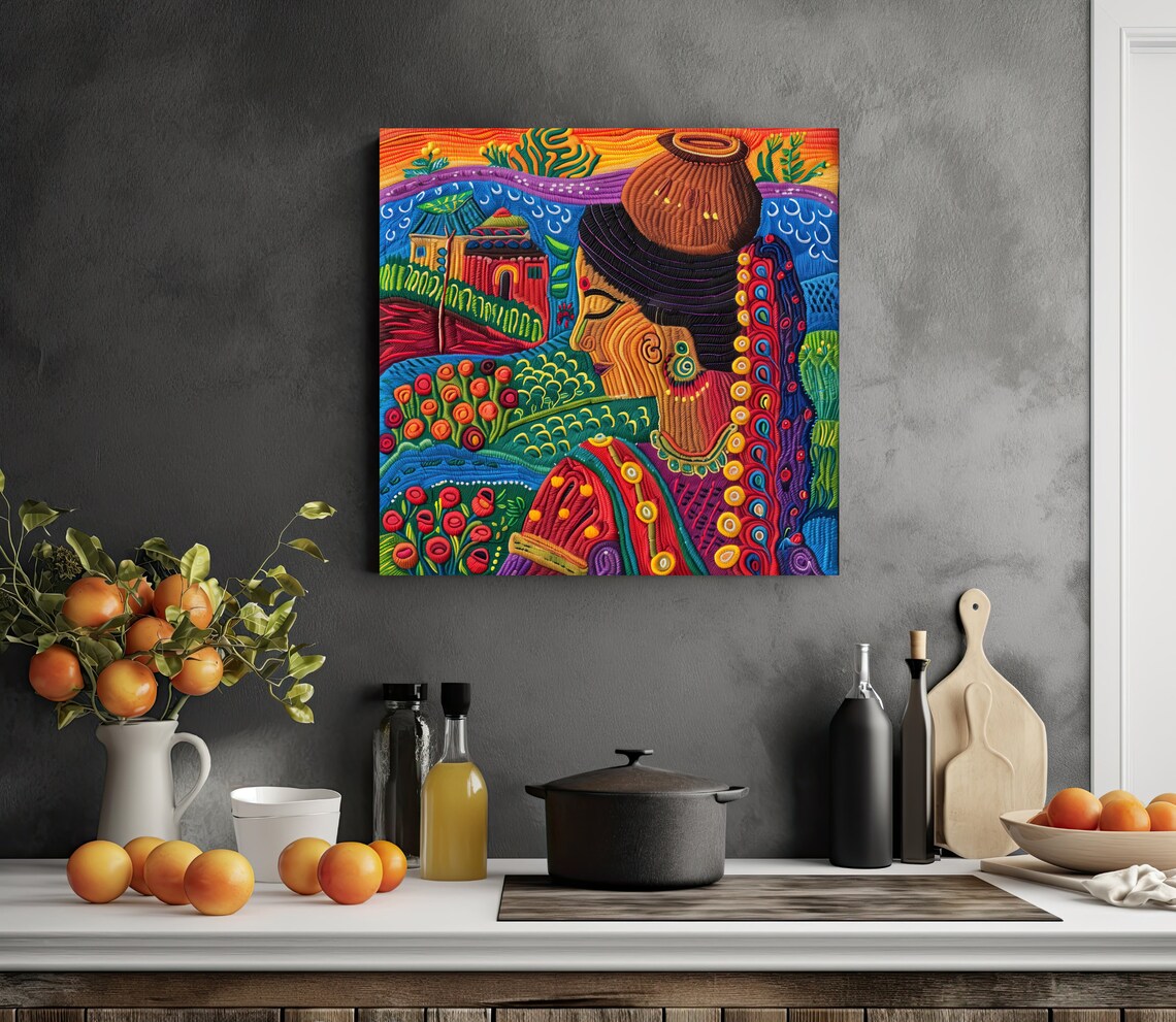 Indian Village Woman Embroidered Yarn Art Poster Water Pot on Head - Image 3