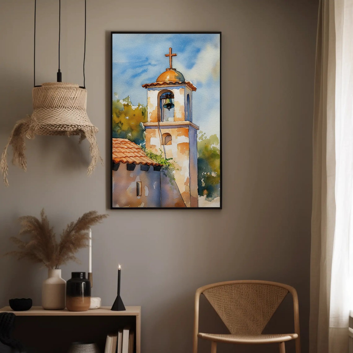Spanish Chapel Bell Tower Watercolor Cross Dome Painting Poster - Image 2