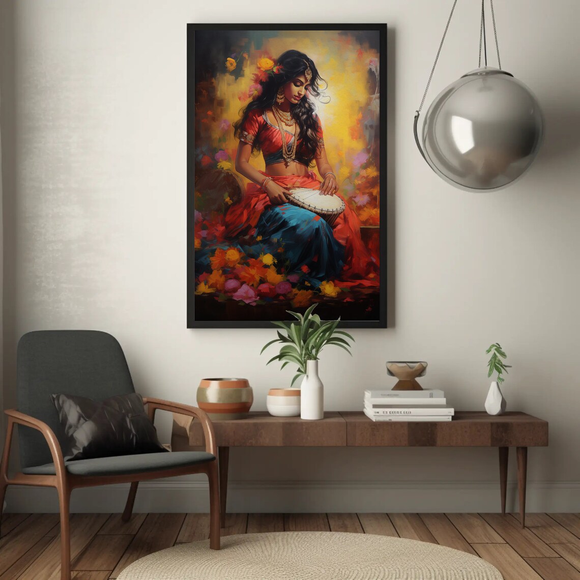 Indian Woman Playing Hand Drum in Red Sari Oil Painting Art Poster - Image 4
