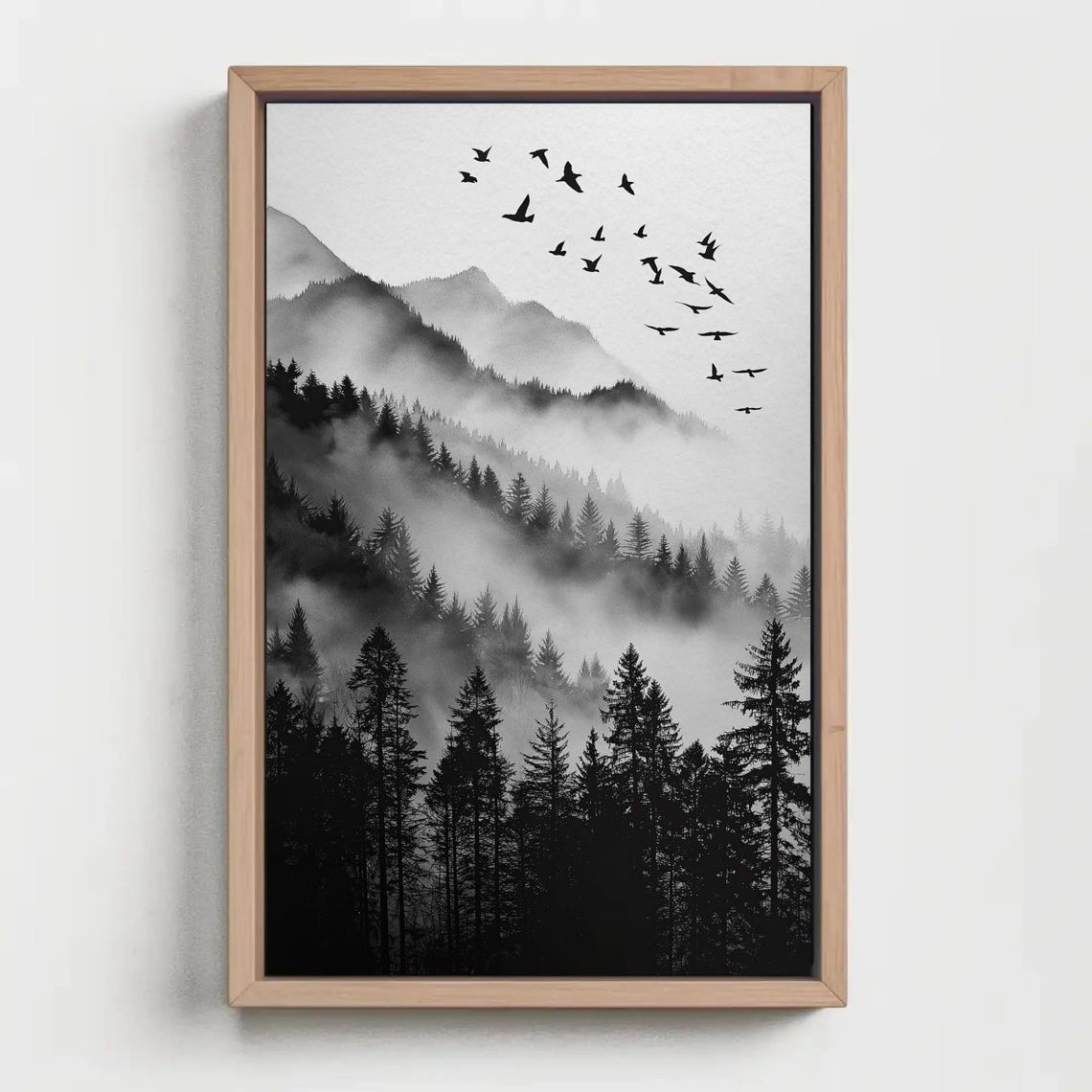 Misty Forest Birds Black White Watercolor Mountain Scenery Wall Art - Image 4