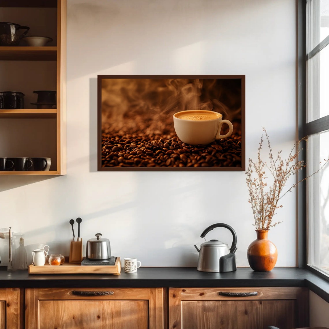 Steaming Hot Espresso Cup Resting On Roasted Coffee Beans Print