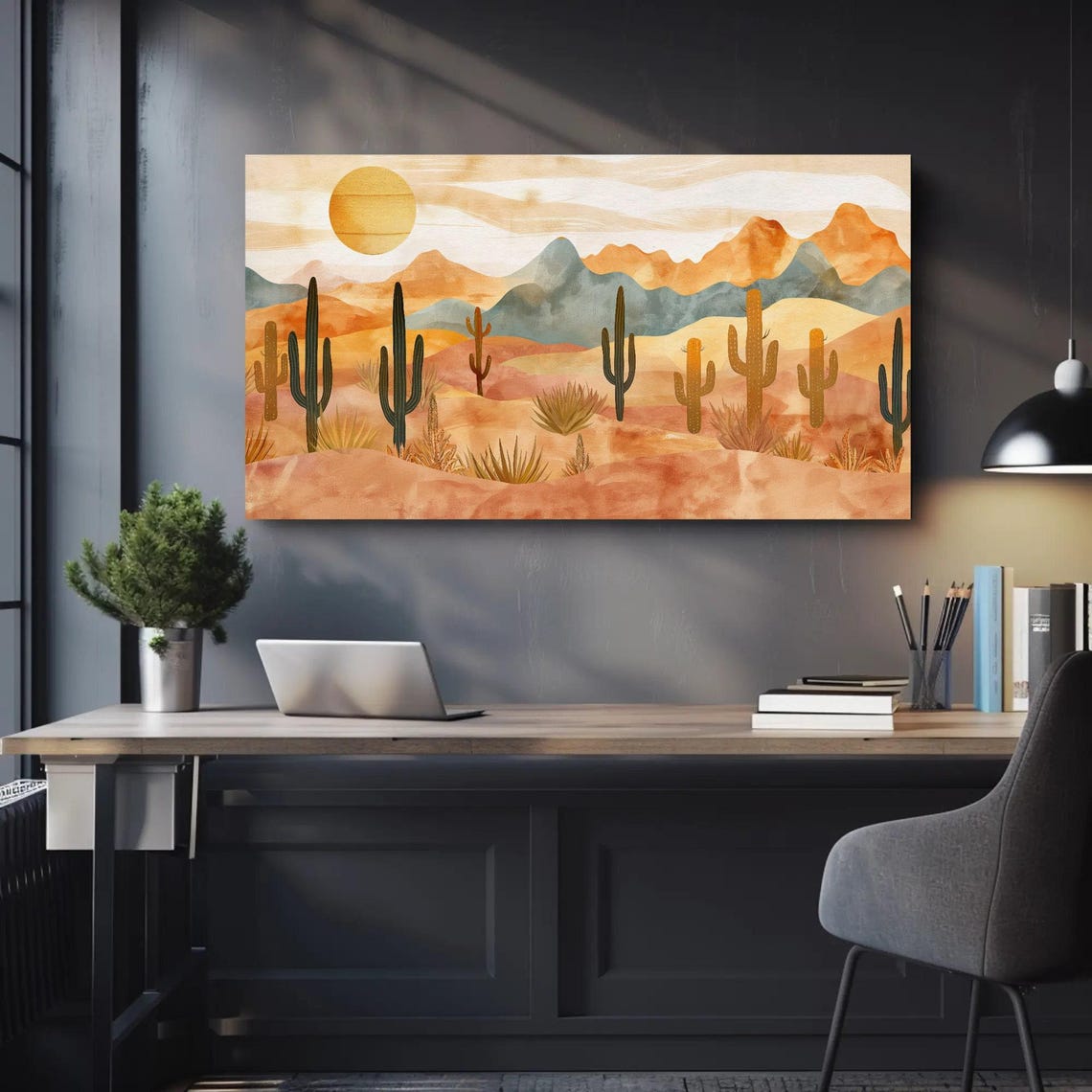 Boho Desert Landscape With Saguaro Cacti at Warm Sunset Poster