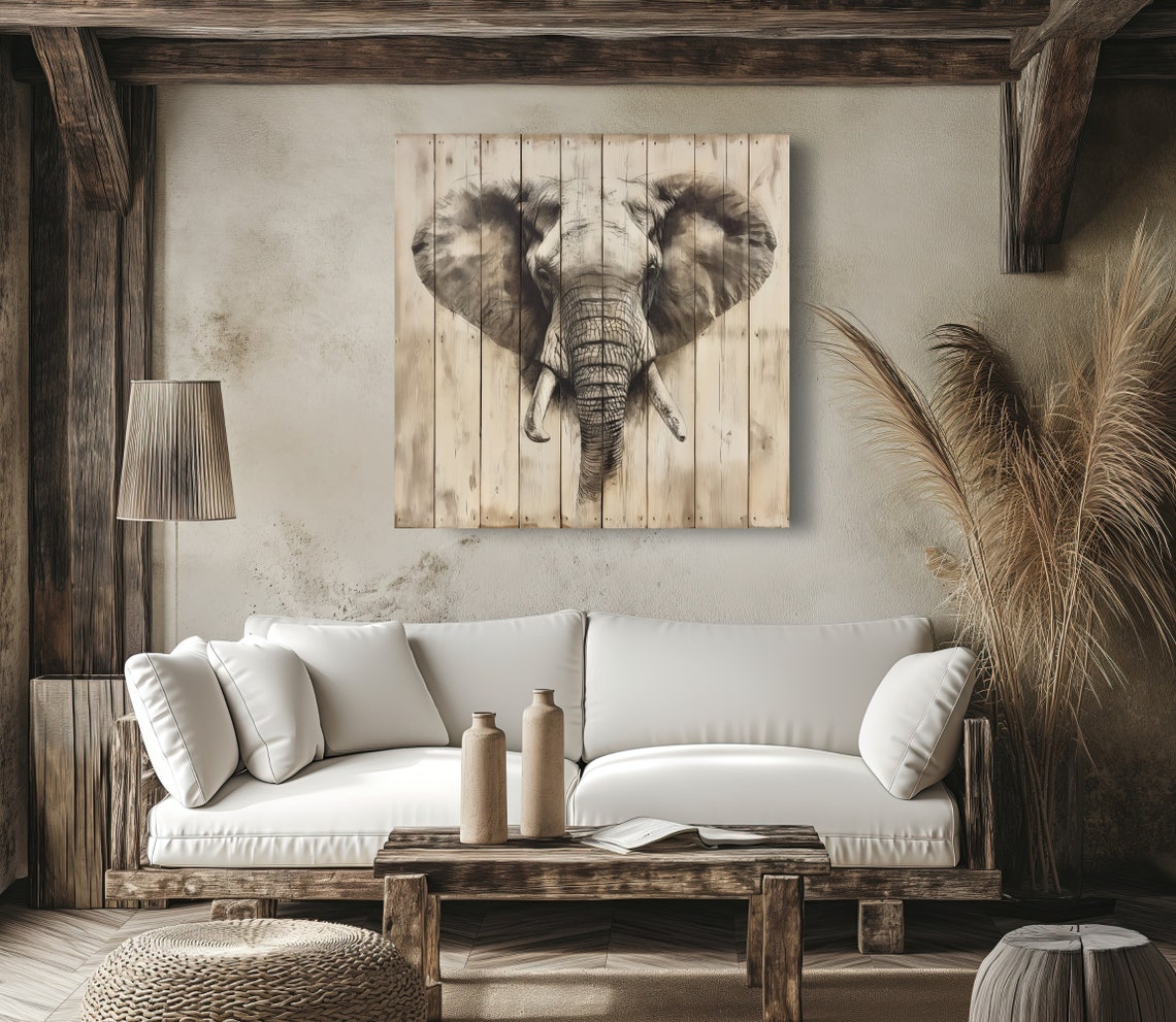 African Elephant Sketch On Whitewashed Wood Safari Wall Poster - Image 5