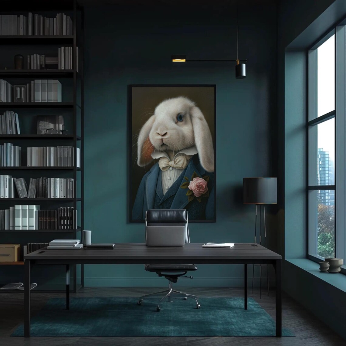 Elegant White Holland Lop Rabbit In Blue Suit With Rose Poster - Image 2