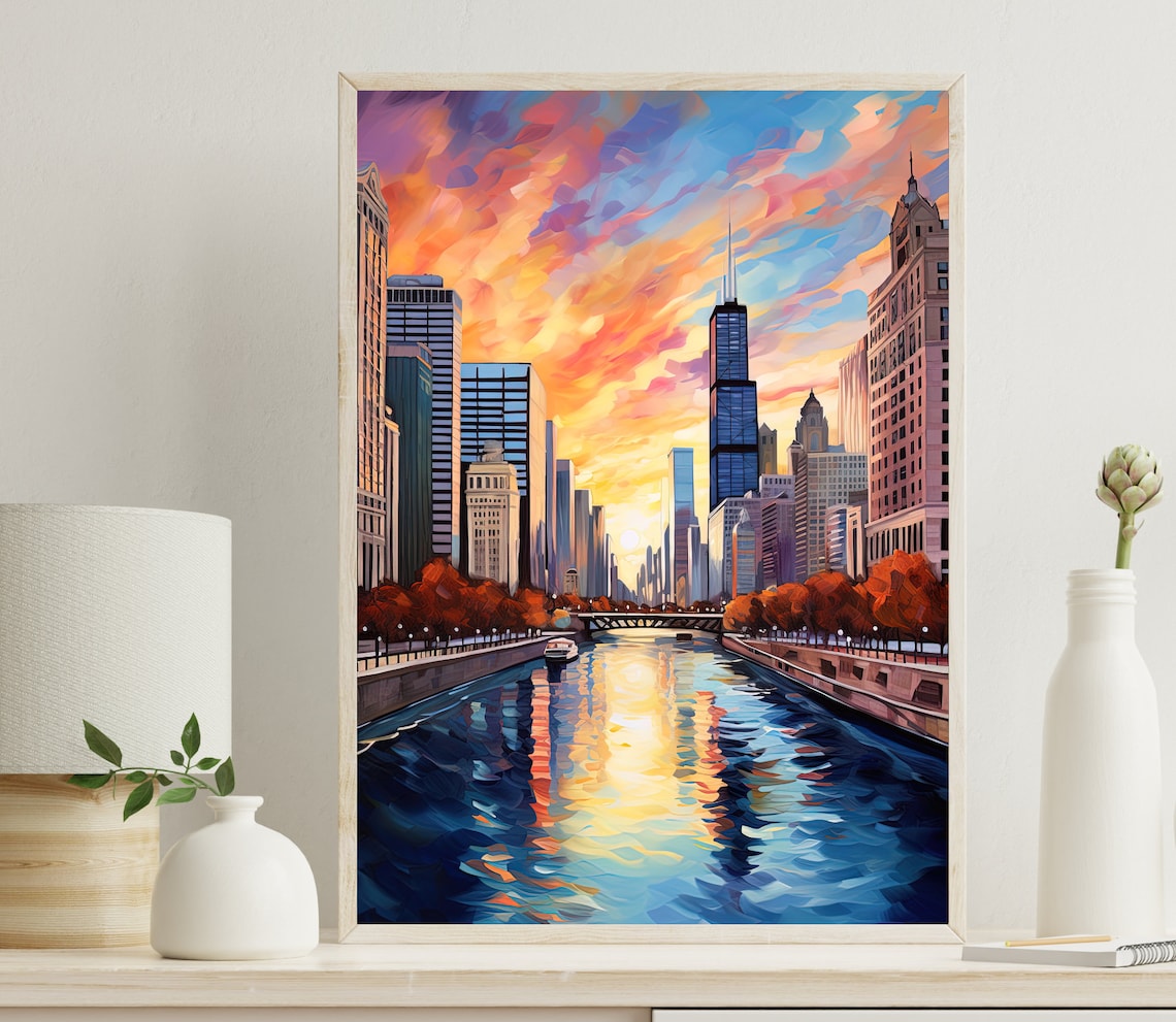 Chicago River Skyline Glowing Sunset Watercolor Style Poster