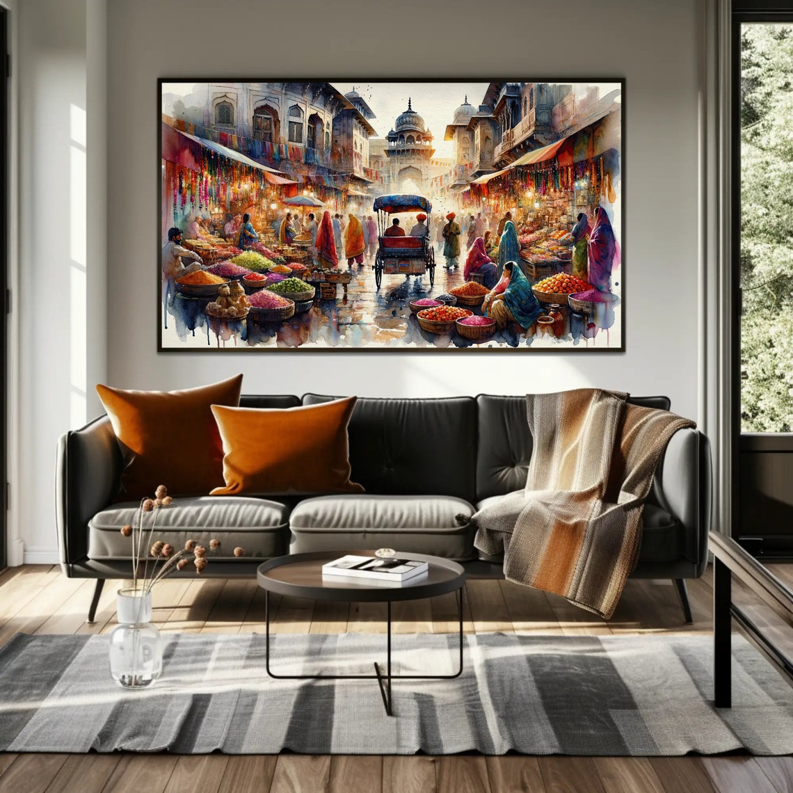 Indian Bazaar Spice Market Bustling Watercolor Street Scene Poster - Image 2