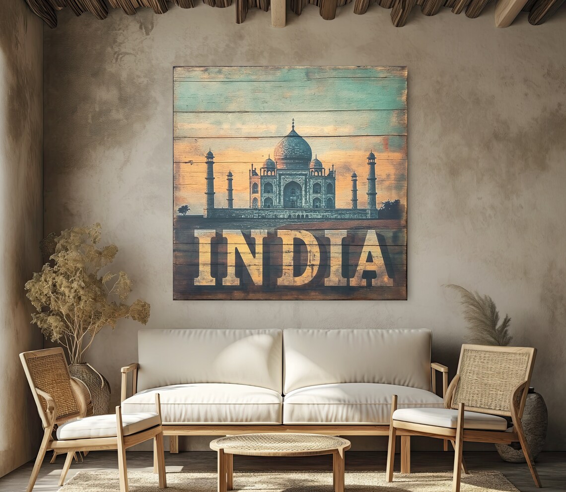 Taj Mahal India Sunset Vintage Sign on Wood Travel Wall Poster - Image 2