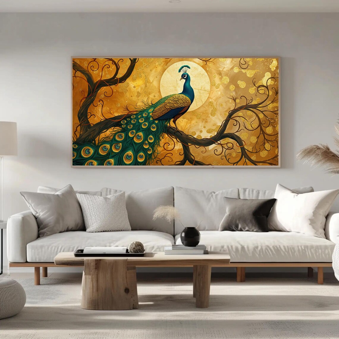 Peacock On Branch Under Golden Moon Ornate Bird Painting Poster - Image 2