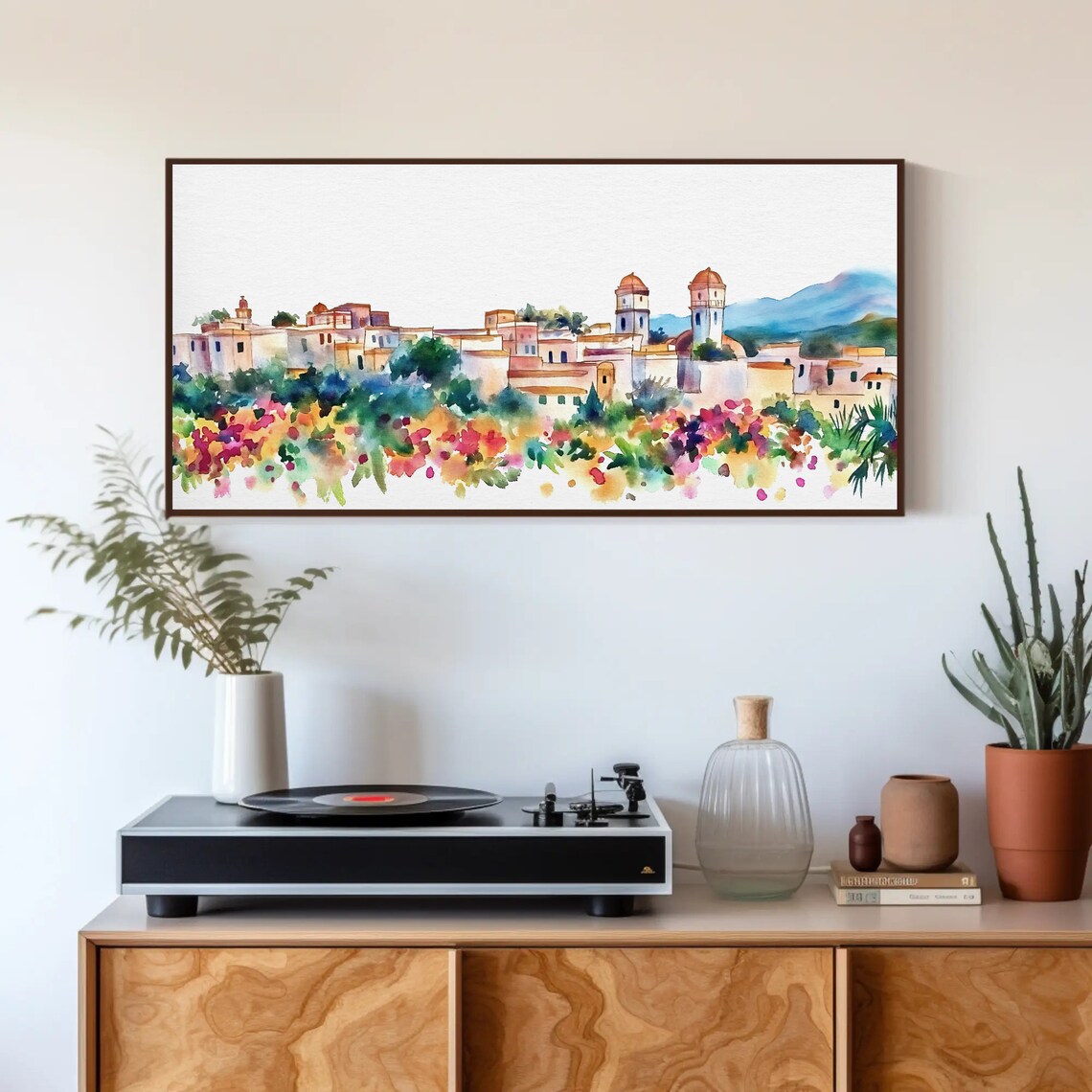 Mexican Town Church Towers with Flower Garden Scene Watercolor Poster - Image 3